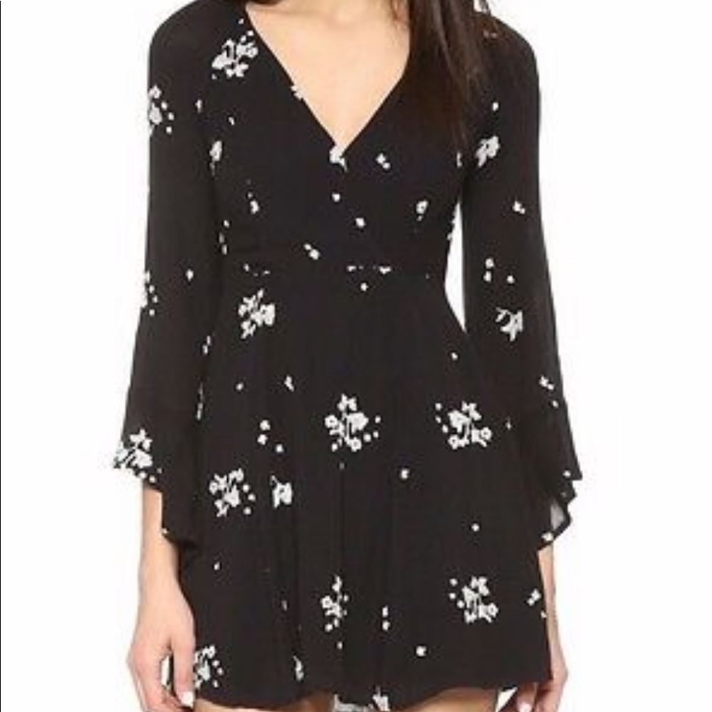 Free People Jasmine Embroidery Kimono Dress Fit and Flare Wrap Neck Black Floral